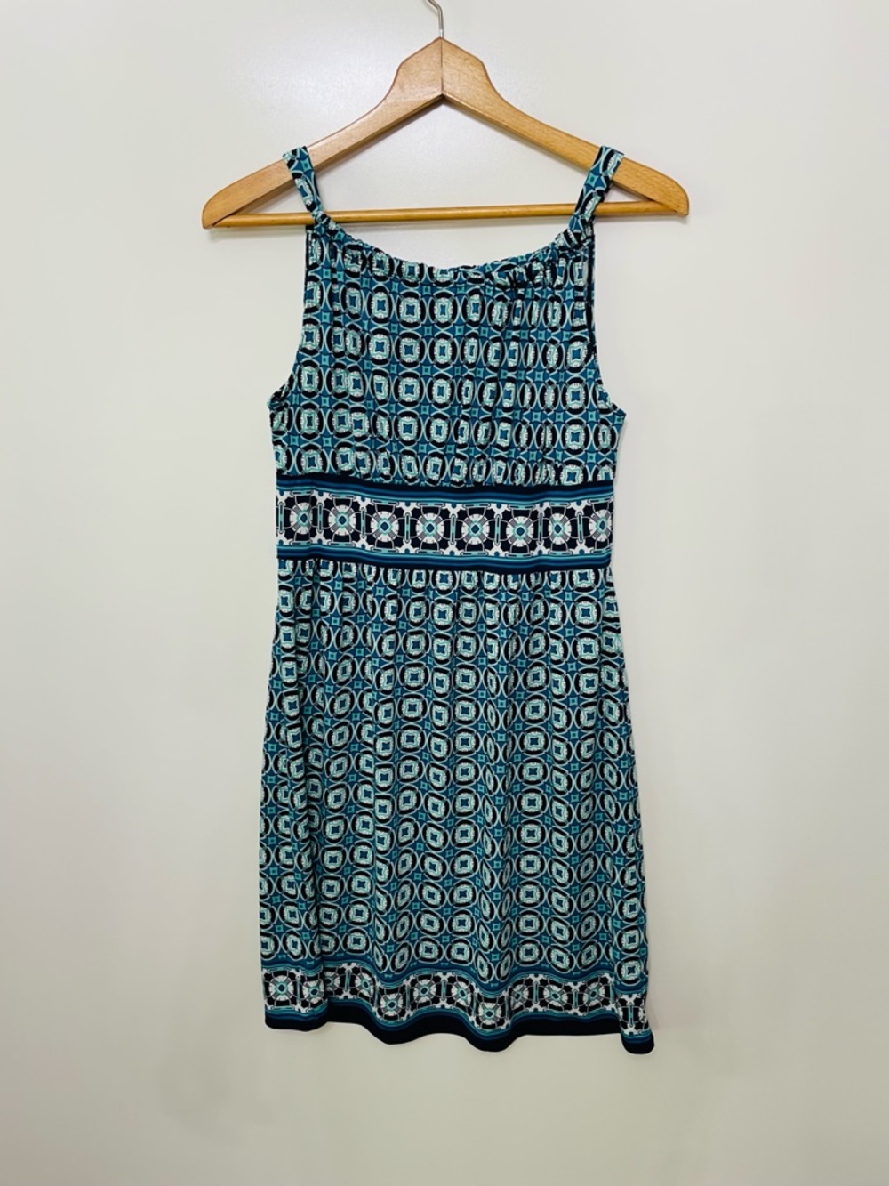 Max Studio Flowy Swing Dress Geometric Teal Navy Sleeveless Womens M Coastal